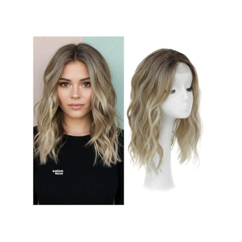 Hair Topper 16 In Blonde Balayage Dark Root Wavy Synthetic Silk Base Clip In